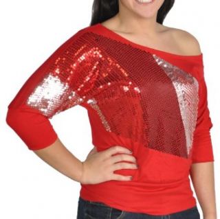 Alkii Womens 3/4 sleeve Sequin Shimmer Party Top   Red M