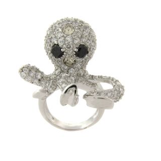 Gem Jolie Silverplated Black and White Cubic Zirconia Octopus Ring