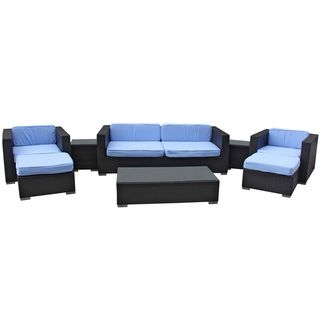 Venice Outdoor Rattan 8 piece Set in Espresso with Light Blue Cushions