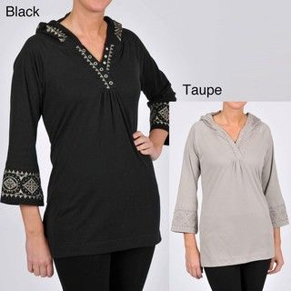 La Cera Womens Plus Size 3/4 length Sleeve Embroidered Hooded Tunic