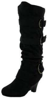Womens Knee High Gathered Buckle Accents Wedges Boots Shoes Shoes