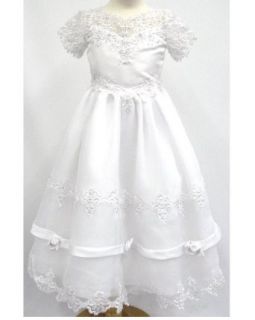 White Beaded Lace Sheer Communion Dress Corsage Waist Back