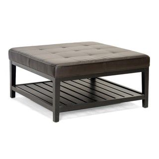 Win Square Brown Bi cast Leather Ottoman with Lower Shelf