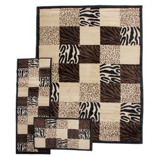 Zebra Leopard Animal Prints Patchwork Black 3 piece Rug Set