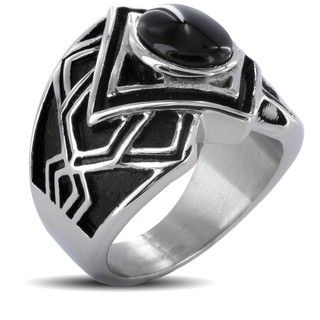 Stainless Steel with Black Onyx Stone Center Mens Ring