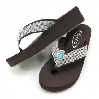ROWS RHINESTONE  CROSS/TURQUOISE CONCHO BROWN FLIP FLOPS Shoes