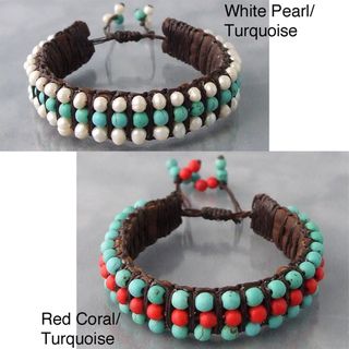 Red Coral or Pearl and Turquoise Leather Bracelet (Thailand