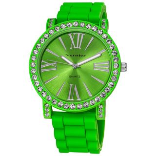 Vernier Ladies Oversized Crystal Bezel Green Silicone Quartz Watch