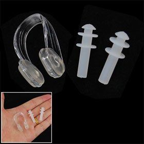Clear White Silicone Earplugs + Nose Clip Set for Swimming