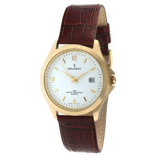 Peugeot Mens Goldtone Brown Leather Strap Watch