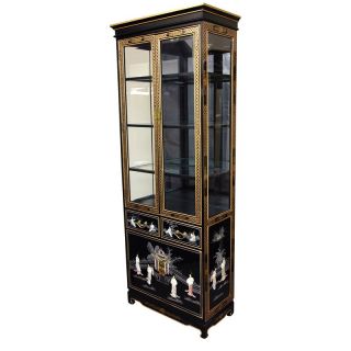 Tall Black Lacquer Curio Cabinet   Mother of Pearl Ladies (China