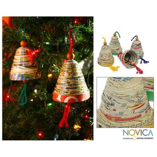 Set of 4 Recycled Paper Bells of Hope and Joy Ornaments (Guatemala
