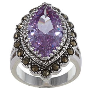 Antique Silver Marcasite Light Amethyst CZ Marquis Ring