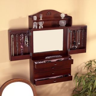 Brown MDF Wall mount Jewelry Armoire with Mirror (16.5 x 5.6 x 29
