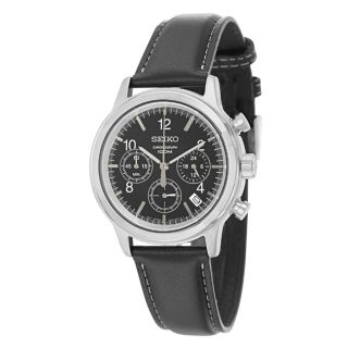 Seiko Mens Chronograph Black Dial Leather Military Time Watch
