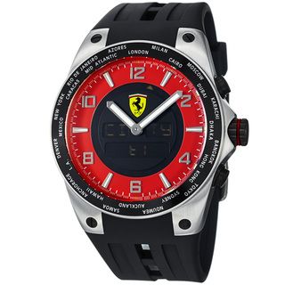 Ferrari Mens World Time Red Analog Digital Dial Black Strap Watch