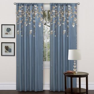 Blue Faux Silk 84 inch Flower Drop Curtain Panel
