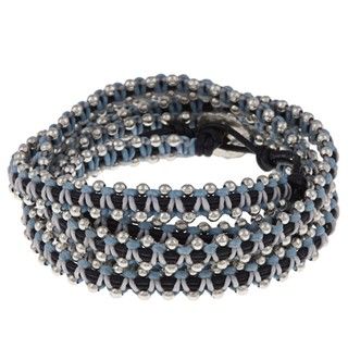Silvertone and Waxed Cotton Bead Design Wrap Bracelet