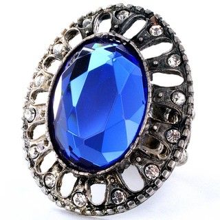Antiqued Oval Sapphire and Crystal Stretch Ring