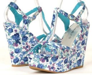 New Ladies Blue Floral Fabric Shoes Strappy 5.5 Shoes