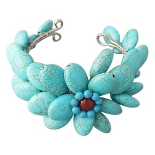 Turquoise and Red Coral Cluster Cuff Bracelet (Thailand)