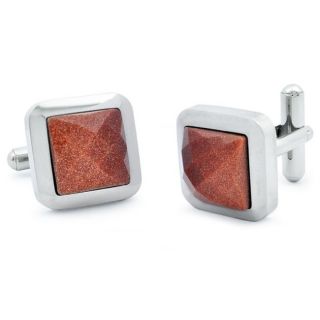 Stainless Steel Faceted Red Sand Stone Cuff Links