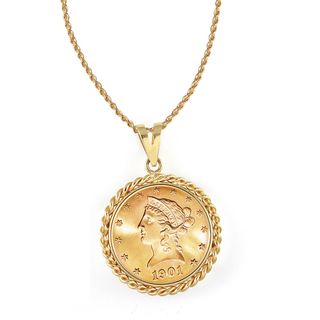 14k Gold $10 Liberty Gold Piece Eagle Coin Rope Bezel Pendant Necklace