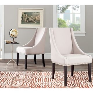 Sloping Arm Beige Linen Nailhead Dining Chair (Set of 2)