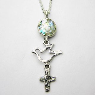 Sterling Silver Dove and Religious Dangle Roman Glass Necklace (Israel