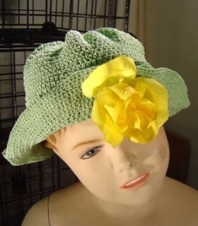Ht24, Hand Crocheted Lime Gimp Floppy Hat with One Yellow