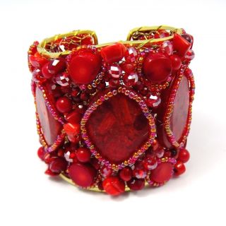 Red Coral Oval Slab Festive Stone Mesh Cuff (Thailand)