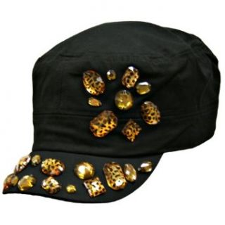 Black Military Style Cadet Hat With Giant Leopard