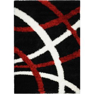 Black and Red Contemporary Tribal Stripes Shag Area Rug (33 x 47