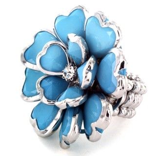 Polished Silvertone Turquoise Flower Heart Petal Stretch Ring