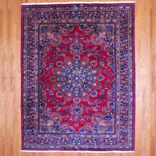 Persian Hand knotted Mashad Red/ Navy Wool Rug (99 x 126