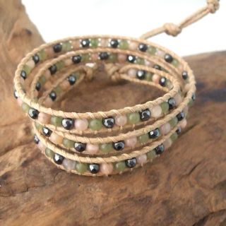 Greenly Magic Agate Quartz Stone Snake Cord Wrap Leather Bracelet