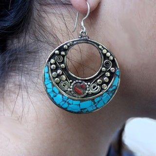 Brass and Sterling Silver Turquoise Crescent Earrings (Nepal