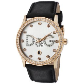 Dolce & Gabbana Womens Gloria White Crystal Black Leather Watch