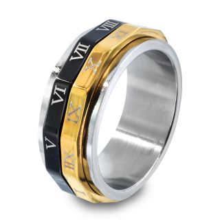 Tri color Stainless Steel Roman Numeral Spinner Ring