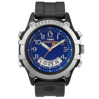 Timex Mens Blue Dial Chronograph Expedition Indiglo Black Resin Watch