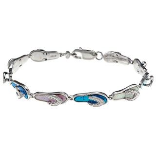 La Preciosa Silver Created Multi colored Opal Flip Flop Link Bracelet