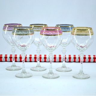 Italian Hand painted Wine Glass with 14K Gold Rim and Multicolor