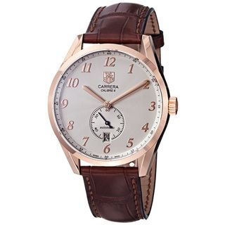 Tag Heuer Mens Carrera Silver Dial Rose Gold Brown Strap Watch