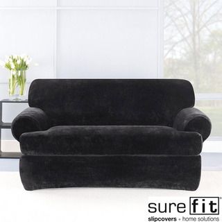Stretch Plush Black T cushion Loveseat Slipcover