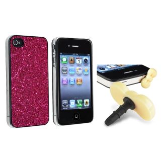 Hot Pink Bling Case/ Yellow Headset Dust Cap for Apple iPhone 4/ 4S