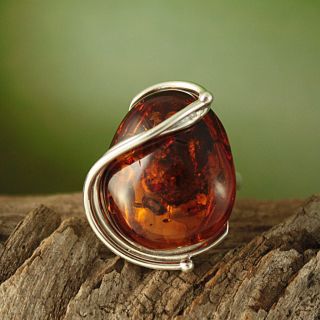 Sterling Silver Freeform Cognac Baltic Amber Adjustable Ring