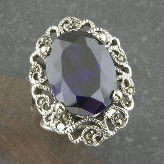Sterling Silver Marcasite and Purple Cubic Zirconia Ring (Thailand