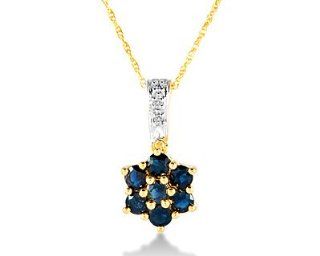 10k Yellow Gold Diamond Blue Sapphire Pendant Necklace