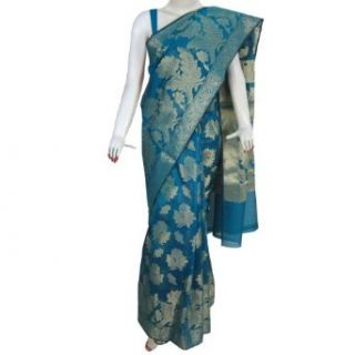 Sari Indian Clothing Silk And Cotton Mix Blue Summer Dress