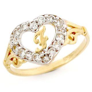 10k Gold Heart Shape Letter F Initial CZ Ring Jewelry